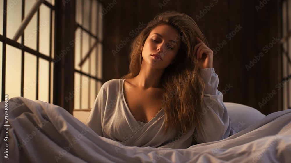 Girl wake up in the bed in modern room. copy space for text. Girl wake up in the bed in modern room. copy space for text.