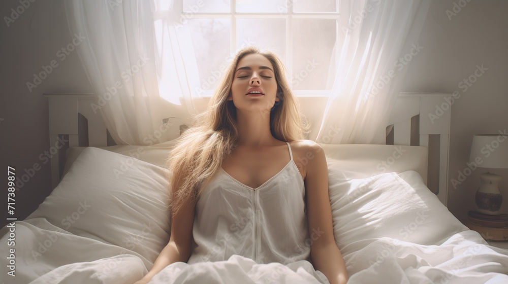 Girl wake up in the bed in modern room. copy space for text. Girl wake up in the bed in modern room. copy space for text.