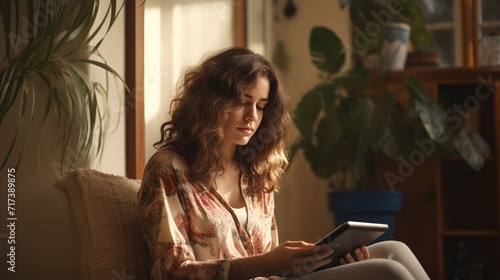 Happy pensive woman using digital tablet at home. Chat with boyfriend. Copy space for text.