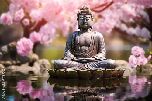 glowing golden Buddha in a zen nature green garden  colorful paper cut flowers  cherry blossoms