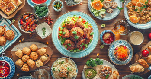 Traditional food on the table for Ramadan Kareem holiday