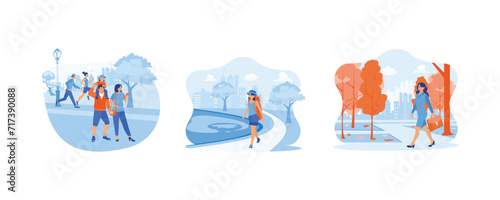 family is taking a walk in the city park. A young woman with a backpack is walking on the sidewalk. Women walking in the afternoon after coming home from work. set flat vector modern illustration