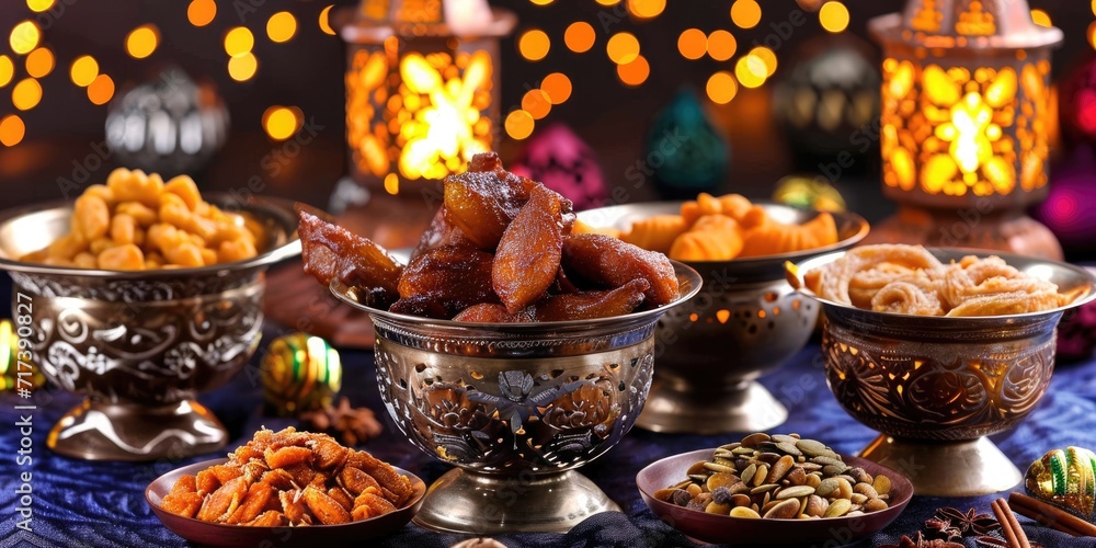 Traditional food on the table for Ramadan Kareem holiday