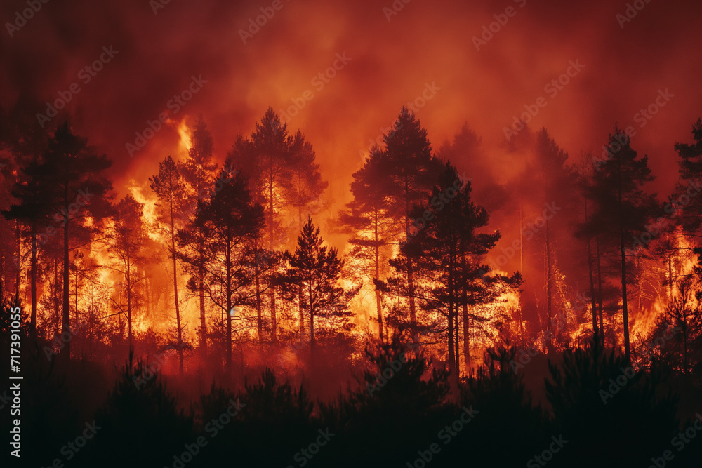 Forest fire, vast expanses of pine trees are consumed during the dry period. 