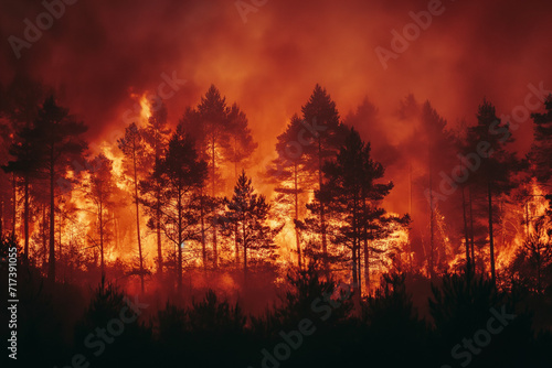 Forest fire, vast expanses of pine trees are consumed during the dry period. 