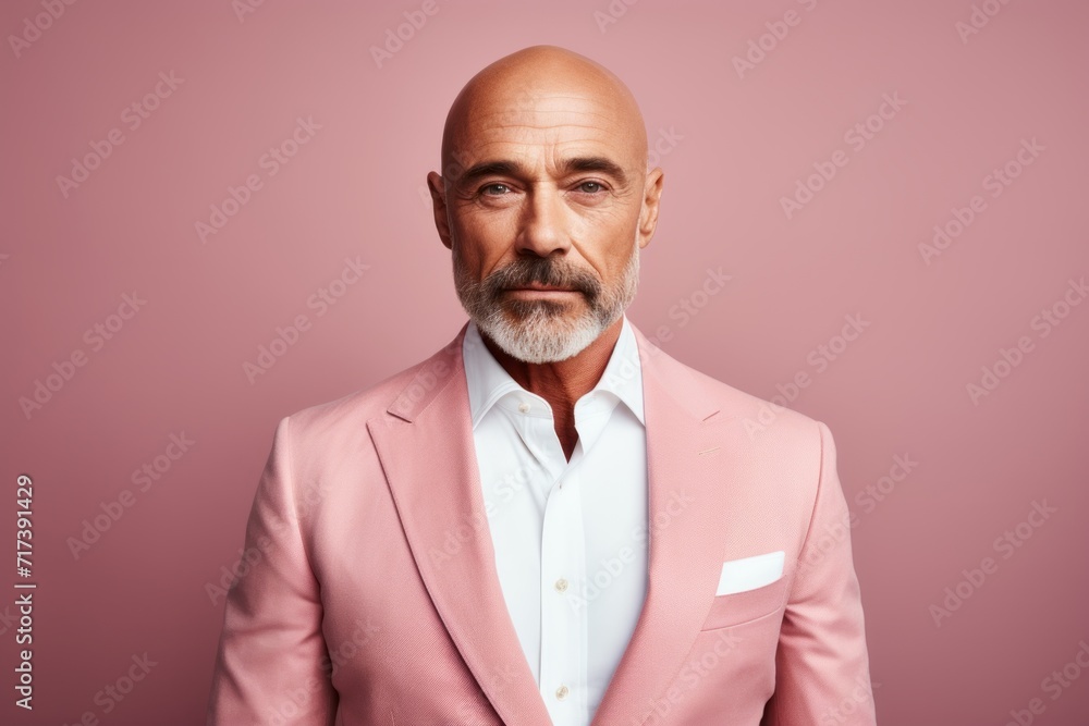Portrait of a handsome mature man in a pink suit on a pink background. Portrait of a handsome mature man in a pink suit on a pink background.