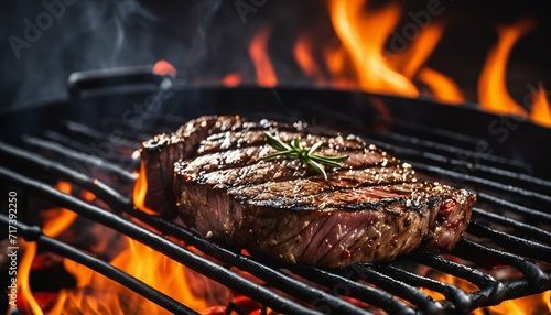 Close-up of a juicy steak on the grill with flames in the background and tomatoes to the side