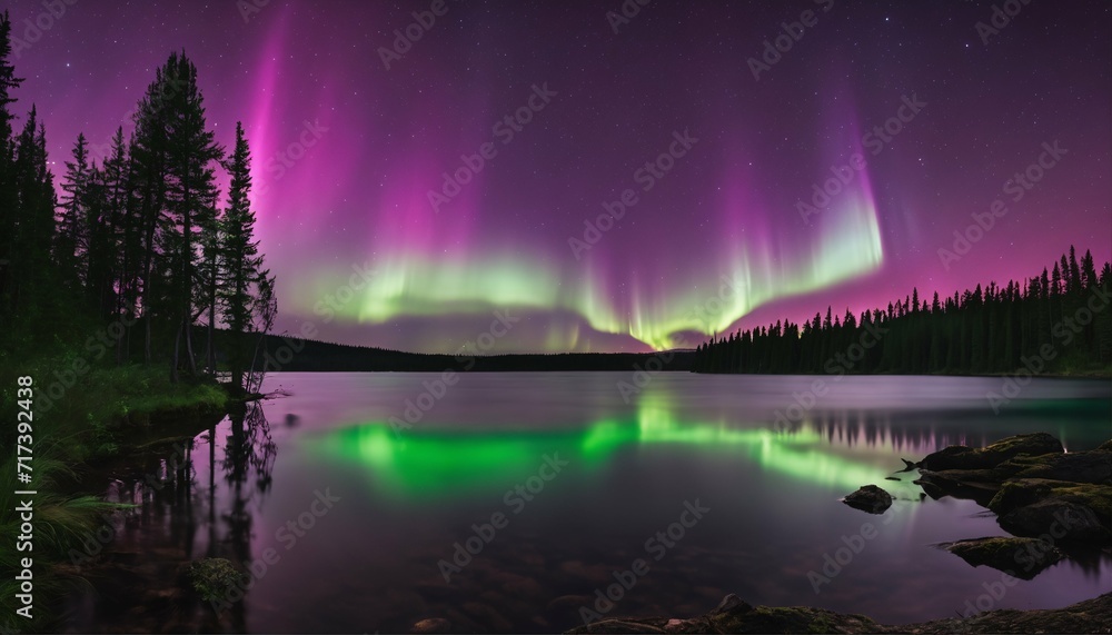 Stunning aurora borealis display over a lake with a lush forest backdrop