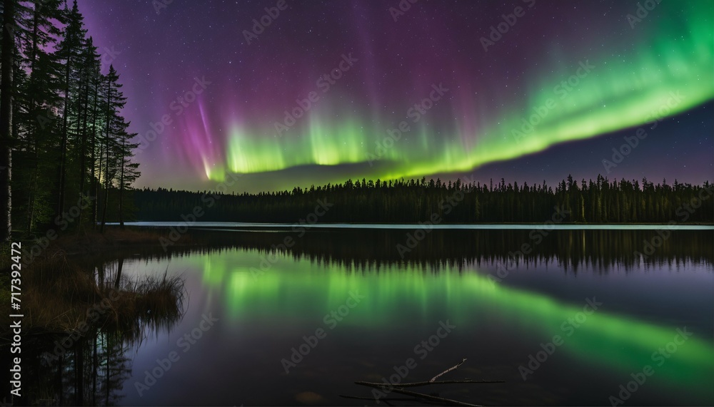 Enchanting aurora borealis illuminating the sky over a lake, with dense forest scenery in the distance