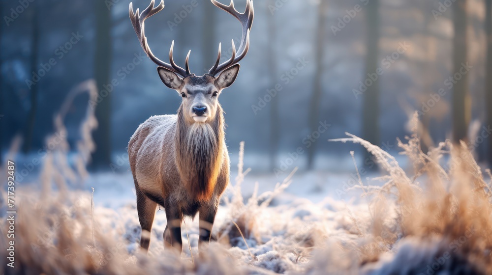 A reindeer stands on the frosted grass on an early winter morning in a snowy pine forest. winter animals, beautiful scenery A reindeer stands on the frosted grass on an early winter morning in a snowy pine forest. winter animals, beautiful scenery