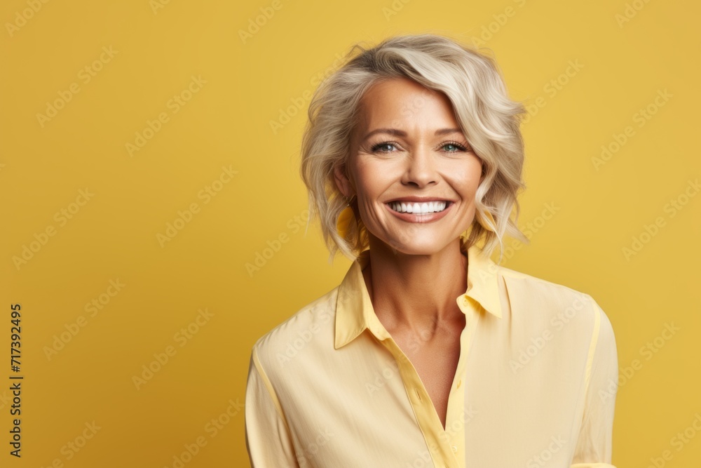 Portrait of a happy mature businesswoman smiling at camera over yellow background Portrait of a happy mature businesswoman smiling at camera over yellow background