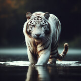 A white tiger walking a body of water