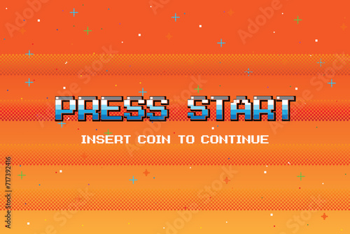 PRESS START INSERT A COIN TO CONTINUE .pixel art .8 bit game. retro game. for game assets .Retro Futurism Sci-Fi Background. glowing neon grid. and stars from vintage arcade computer games