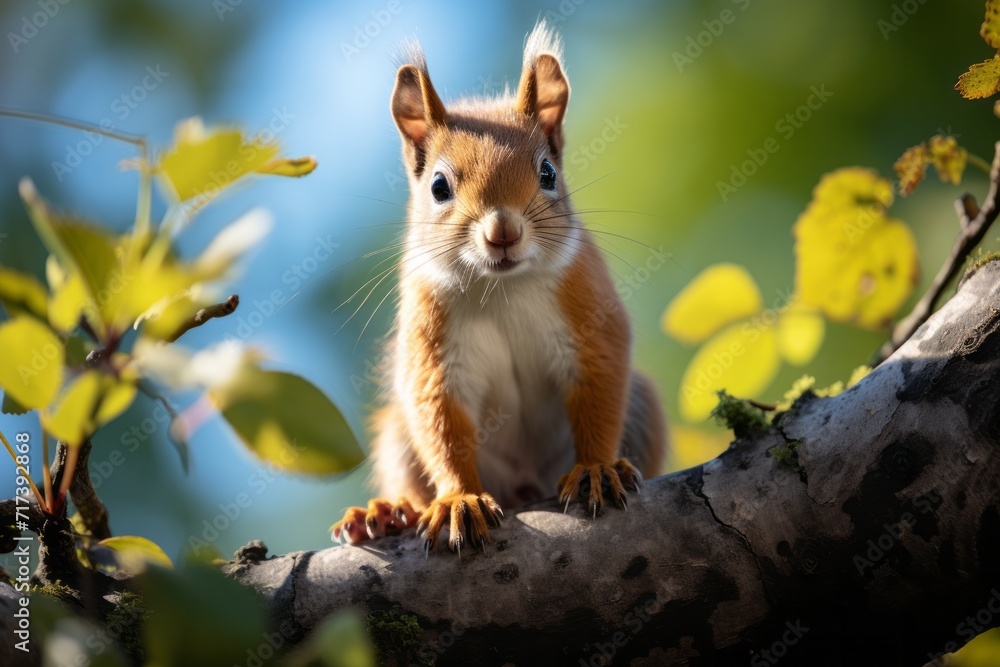 Playful squirrel perched on a tree branch, Generative AI Playful squirrel perched on a tree branch, Generative AI