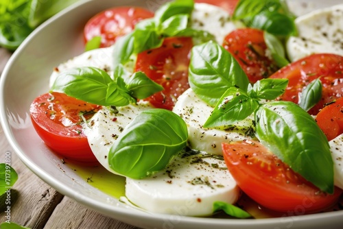 Caprese salad on white plate, table adorned with basil.