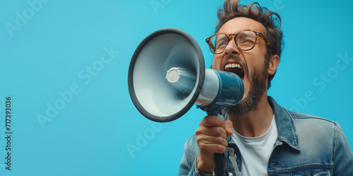 Man holding a megaphone confidently Announce loudly and communicate Convey a powerful message in lively portraits
