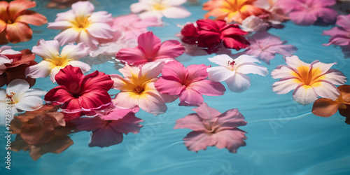 Colorful lovely flowers on water Flowers floating on water surface, with beautiful reflections and vibrant colors.AI Generative