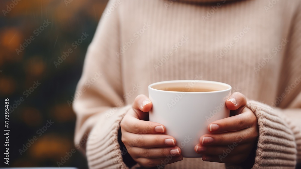 A Young woman's hand in a sweater holds a steaming warm tea mug outdoors in snowy winter. Coffee, tea, coffee mug, warm, A Young woman's hand in a sweater holds a steaming warm tea mug outdoors in snowy winter. Coffee, tea, coffee mug, warm,