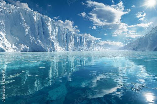 Powerful sea waves crash against the rocky coastline. Melting icebergs, North Pole, global warming, natural disasters © VRAYVENUS