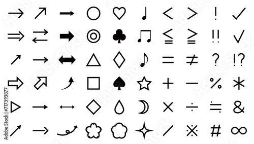 シンプルな矢印と記号のイラストセット　音符　計算　算数　図形