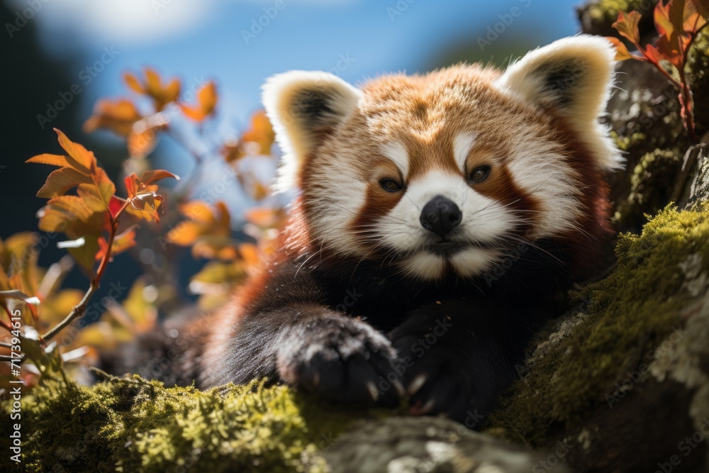 Red panda resting high up in a bamboo tree, Generative AI Red panda resting high up in a bamboo tree, Generative AI