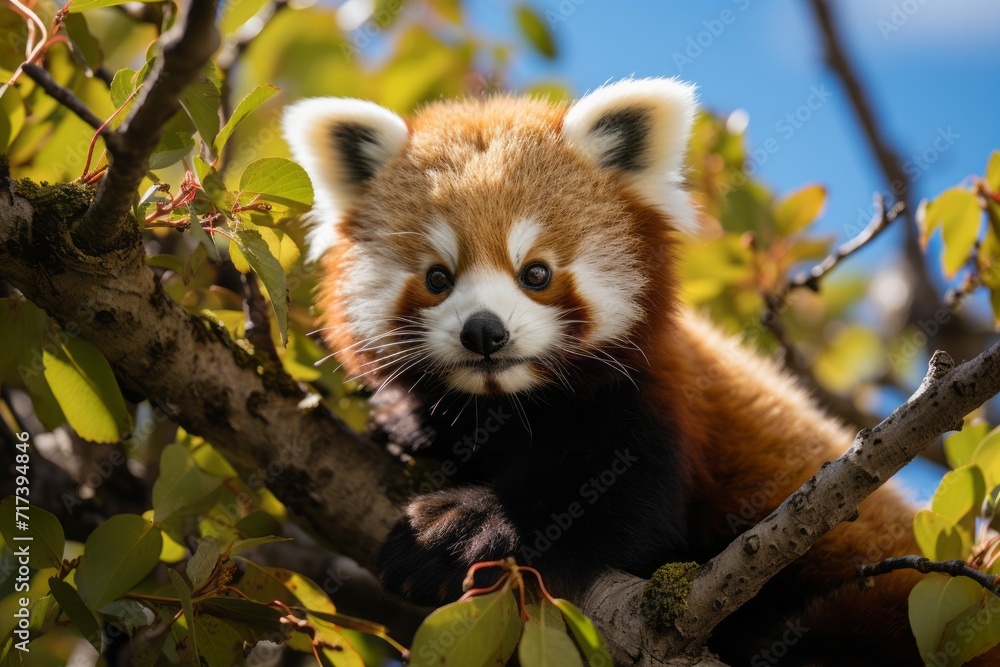 Red panda resting high up in a bamboo tree, Generative AI Red panda resting high up in a bamboo tree, Generative AI
