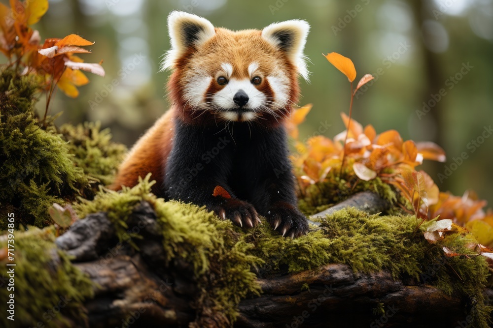Fototapeta premium Red panda resting high up in a bamboo tree, Generative AI