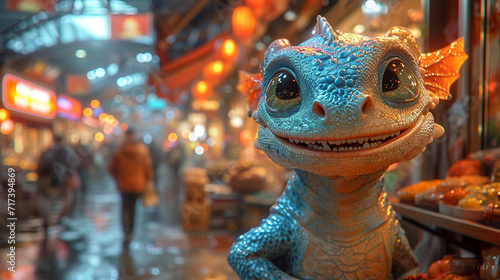 A cute dragon out shopping at a market