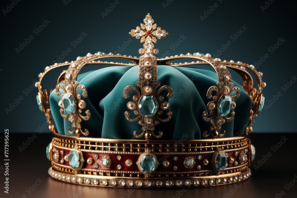 Magnificent Gold Crown, on isolated Turquoise Blue background, Generative AI