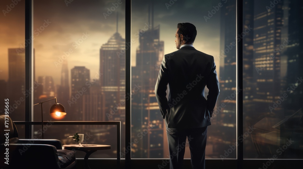 A successful businessman looks through the window, stops to think about future business vision ideas.