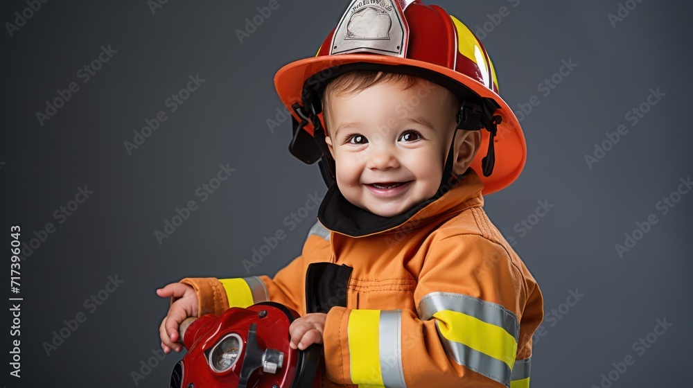 A Happy boy wearing firefighter uniform, little firefighter and fire extinguishing equipment, firefighter career adventure concept. on empty space on a white isolated transparent background. A Happy boy wearing firefighter uniform, little firefighter and fire extinguishing equipment, firefighter career adventure concept. on empty space on a white isolated transparent background.