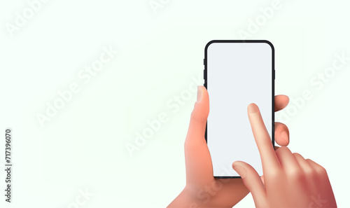 Vector 3D hand holding smartphone with white blank screen isolated and touching phone mockup template on background.