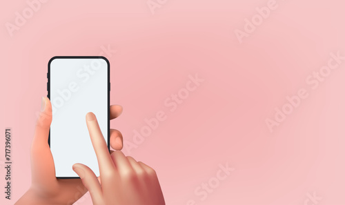 Vector 3D hand holding smartphone with white blank screen isolated and touching phone mockup template on background.