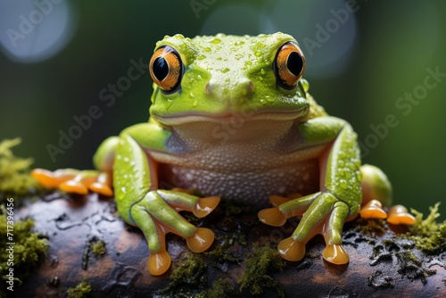 Tree frog clinging to a branch in a tropical rainforest, Generative AI