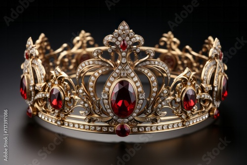 Majestic Royal Gold Crown, on isolated Ruby Red background, Generative AI
