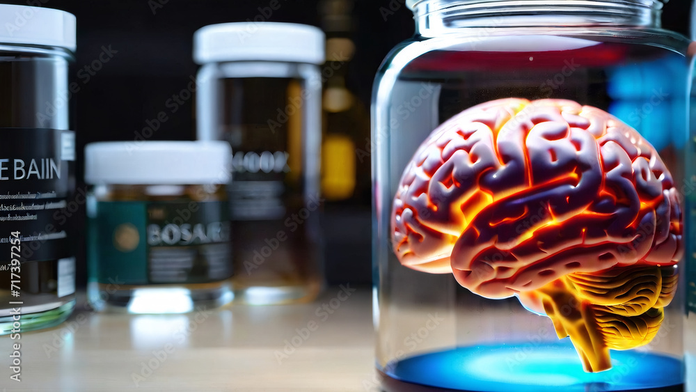 The human brain, preserved in formaldehyde, is encased in a glass jar for medical research purposes.