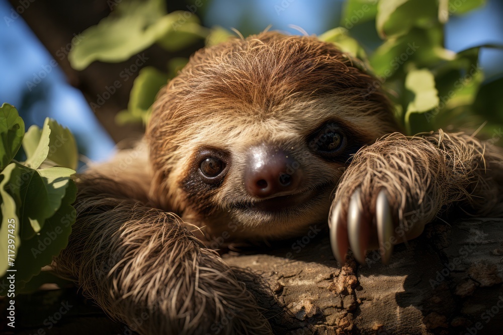 Fototapeta premium Tree-dwelling sloth peacefully hanging upside down, Generative AI
