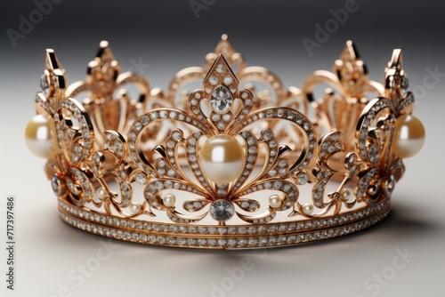 Opulent Royal Gold Crown, on isolated Pearl White background, Generative AI