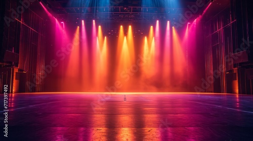 Empty stage with vibrant lighting set for a dramatic performance. Dramatic purple haze and spotlights on an empty theater stage, awaiting a night of spectacle and wonder photo