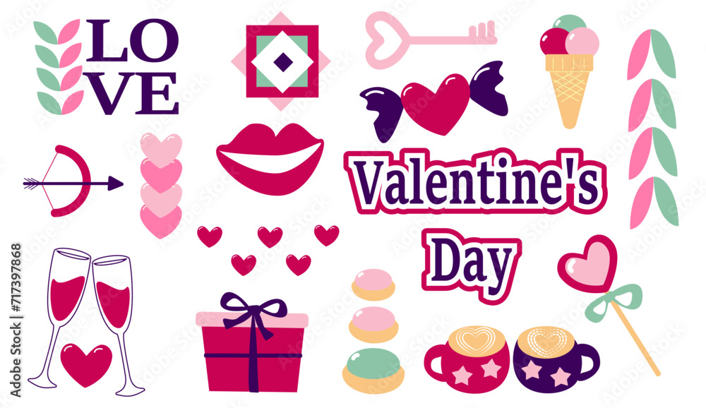 Set of Valentine's Day symbols, postcard, heart, inscription love, banner template vector illustration. Set of Valentine's Day symbols, postcard, heart, inscription love, banner template vector illustration.