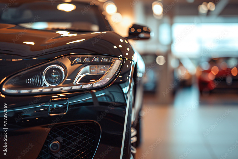 Closeup new black car parked in luxury showroom. Car dealership office. New car parked in modern showroom. Car for sale and rent business. Automobile leasing and insurance background. Generative AI. - obrazy, fototapety, plakaty 