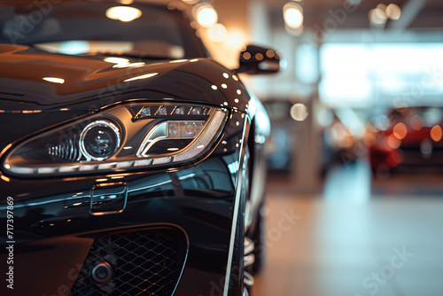 Closeup new black car parked in luxury showroom. Car dealership office. New car parked in modern showroom. Car for sale and rent business. Automobile leasing and insurance background. Generative AI.