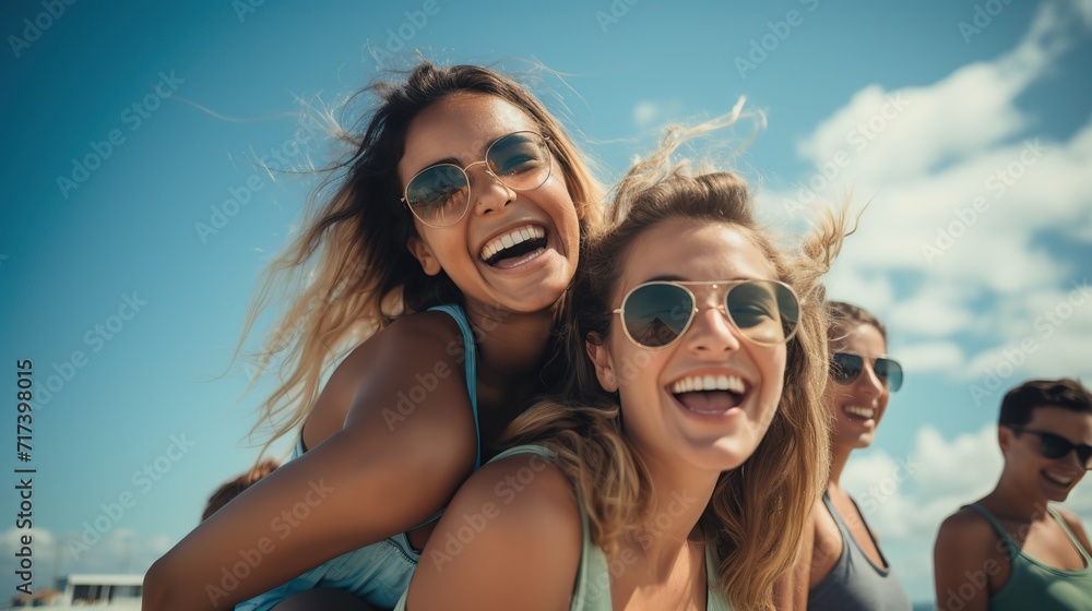 friends and freedom with women and piggy back against the blue sky for hug, lifestyle and happy on Puerto rico holiday.