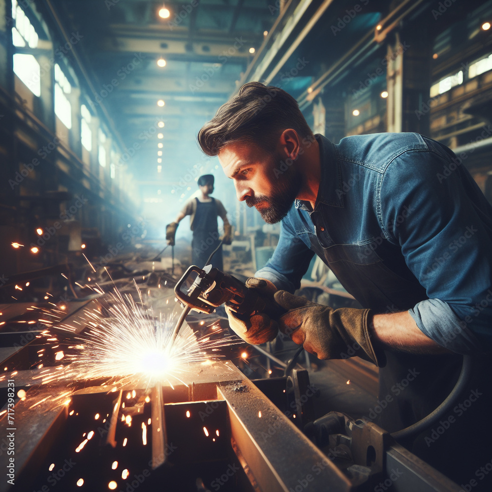 A man working with sparks in a factory industrial manufacturing A man working with sparks in a factory industrial manufacturing
