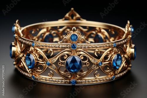 Opulent Royal Gold Crown, on isolated Sapphire Blue background, Generative AI