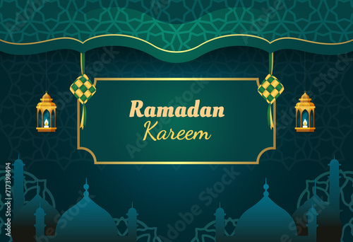 icon ramadan day. illustration Ramadan banner decorated with glowing lamps background green. 