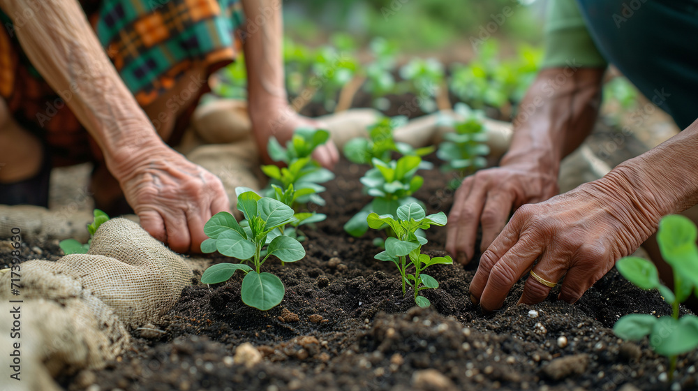 Woman gardener Seedlings are growing in the nursery bag. As the hands of the old woman and the hands of the young man are about to be planted in the fertile soil. Hand holding a gardening shovel Woman gardener Seedlings are growing in the nursery bag. As the hands of the old woman and the hands of the young man are about to be planted in the fertile soil. Hand holding a gardening shovel