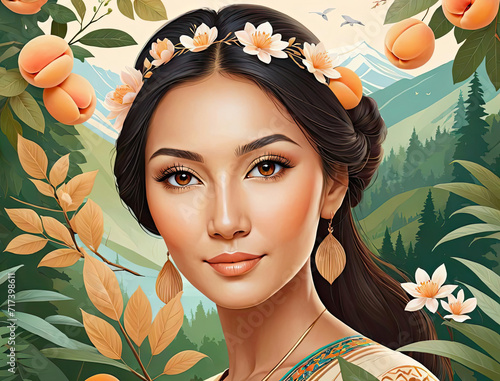 Serene Beauty - Modern flat close-up portrait design illustration of a slim tan-skinned Central Asian adult woman surrounded by nature Gen AI photo