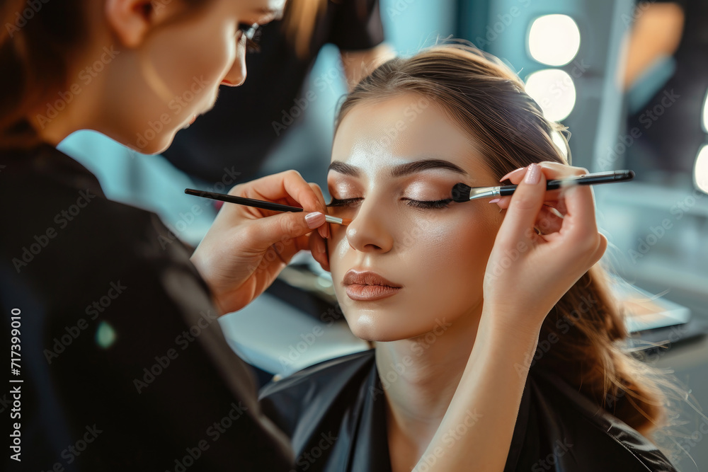 Makeup artist working with beautiful woman in cosmetic salon
