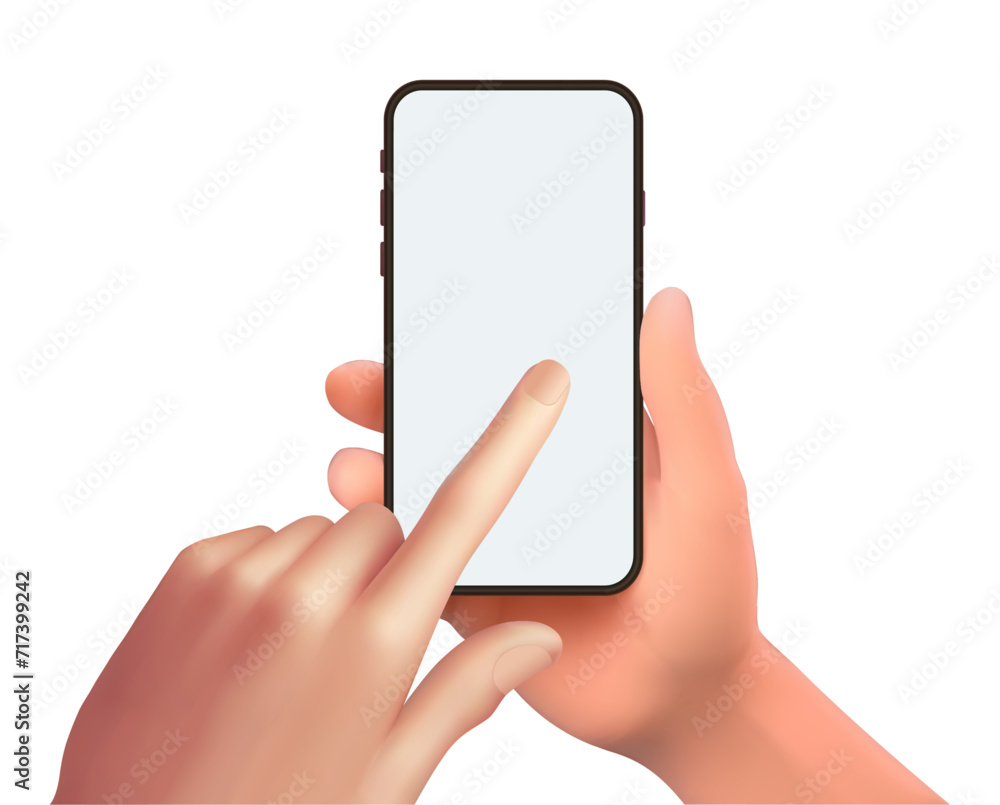 Vector 3D hand holding smartphone with white blank screen isolated and touching phone mockup template on background. Vector 3D hand holding smartphone with white blank screen isolated and touching phone mockup template on background.